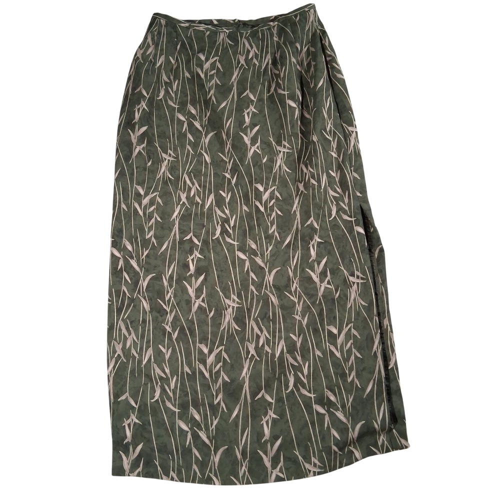 Vintage Savion Green Botanical Leaf Print Maxi Skirt Made in USA Size 12 Office